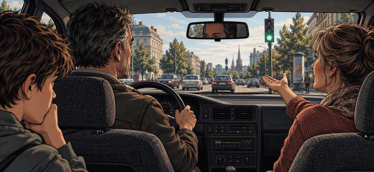 Auto von hinten, die Ampel steht auf Grün, Fahrer und Beifahrerin reden statt loszufahren.