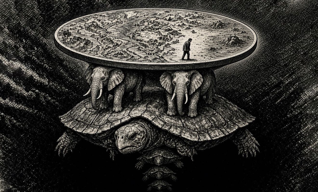 Tuschezeichnung im alten Stich-Stil: ein einzelner kleiner Mann steht auf einer flachen Scheibenwelt, die von zwei Elefanten auf dem Rücken einer riesigen Schildkröte getragen wird, darunter öffnet sich dunkler, leerer Raum.