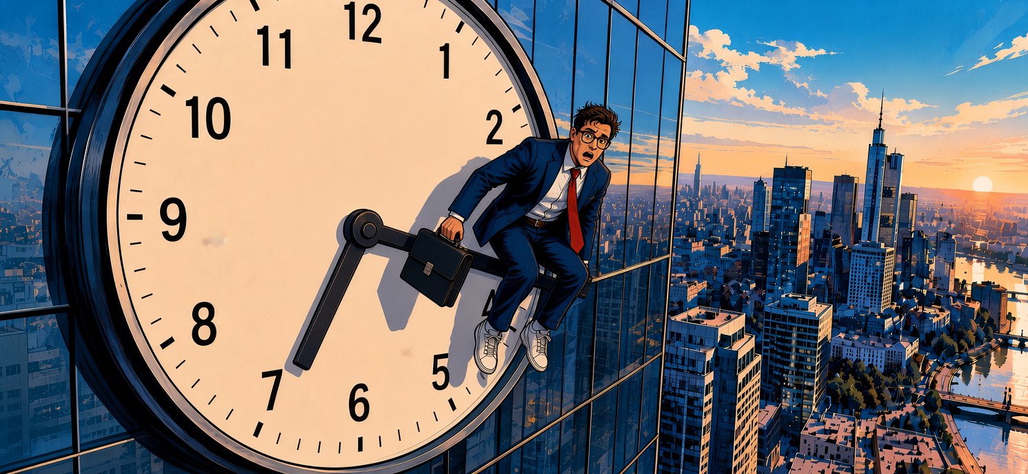 Mann im Anzug sitzt auf dem Zeiger einer großen Uhr an einem Hochhaus, Großstadt bei Sonnenuntergang